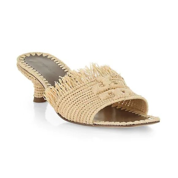 NIB $378 Tory Burch Eleanor Raffia Kitten-Heel Mules Double T Slip On Sandal 6.5 - Picture 3 of 11